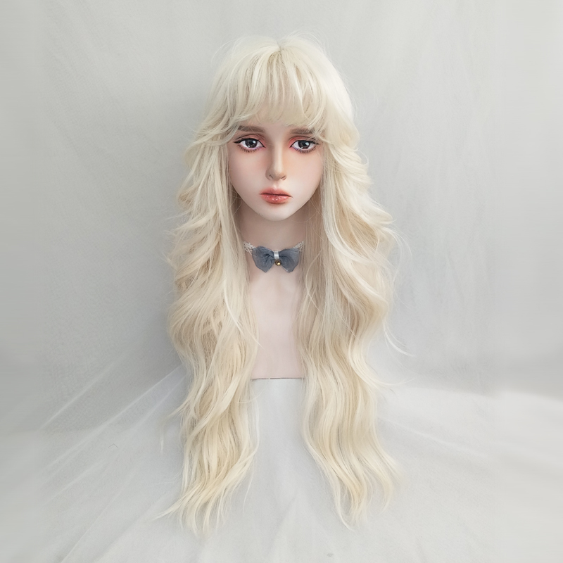 Platinum Blonde Wig for Women, Long Wavy Hair, Blonde, Round Face, Internet Celebrity Style, Fluffy, Layered, Lazy Curls, Long Hair Full Wig
