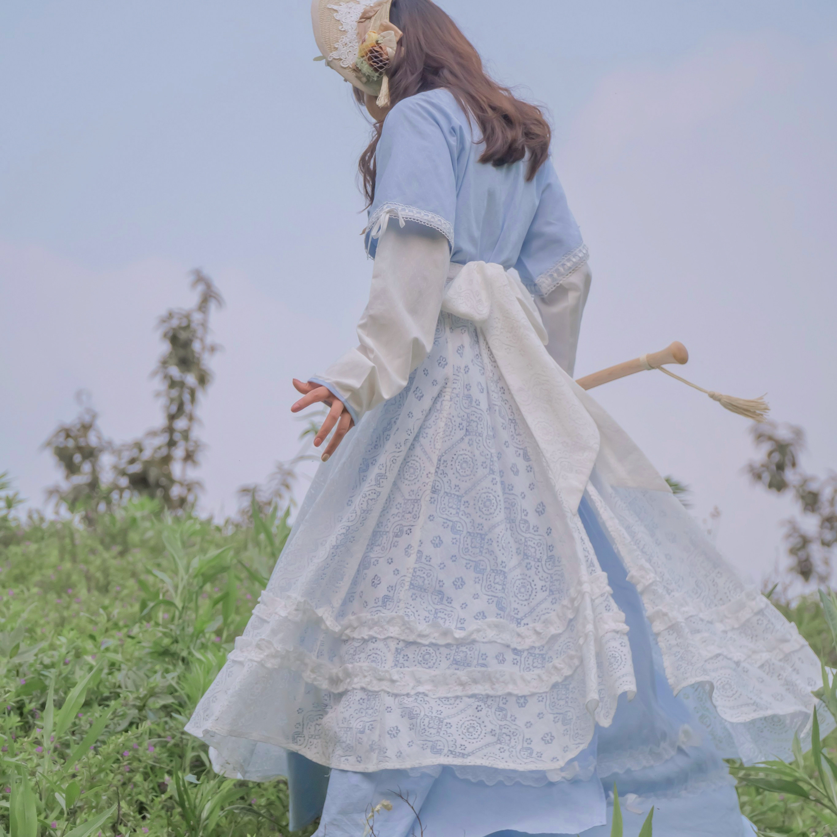 Alice Tang Hanfu drop-collar shirt Tan-neck half-sleeve broken skirt Hanyang eclectic daily bow girl