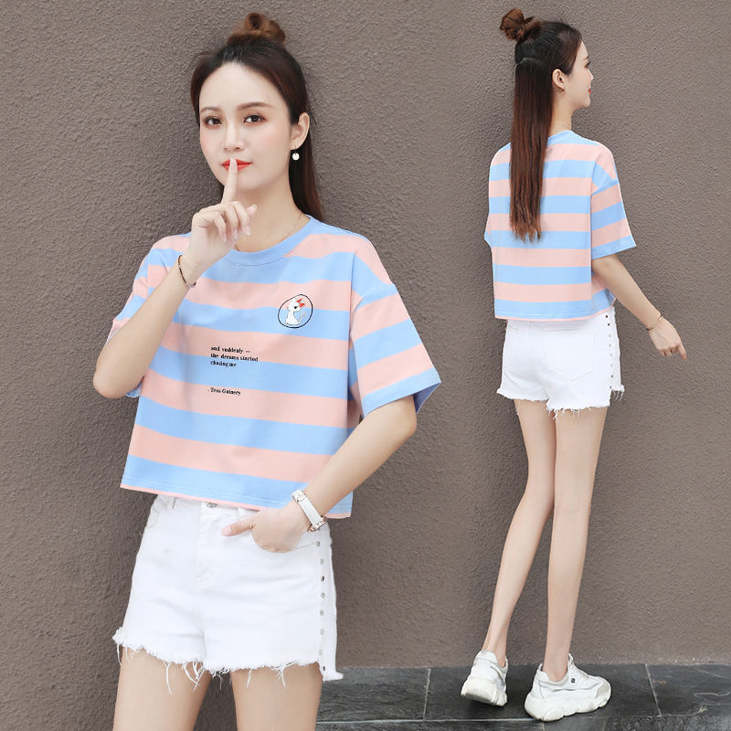 Pure Cotton Short Striped T-Shirt for Women, Super Popular Cec Short-Sleeve Top, 2026 Summer Korean Style, Petite High-Waisted Slimming Top Pure Cotton Short Striped T-Shirt for Women, Super Popular Cec Short-Sleeve Top, 2026 Summer Korean Style, Petite High-Waisted Slimming Top