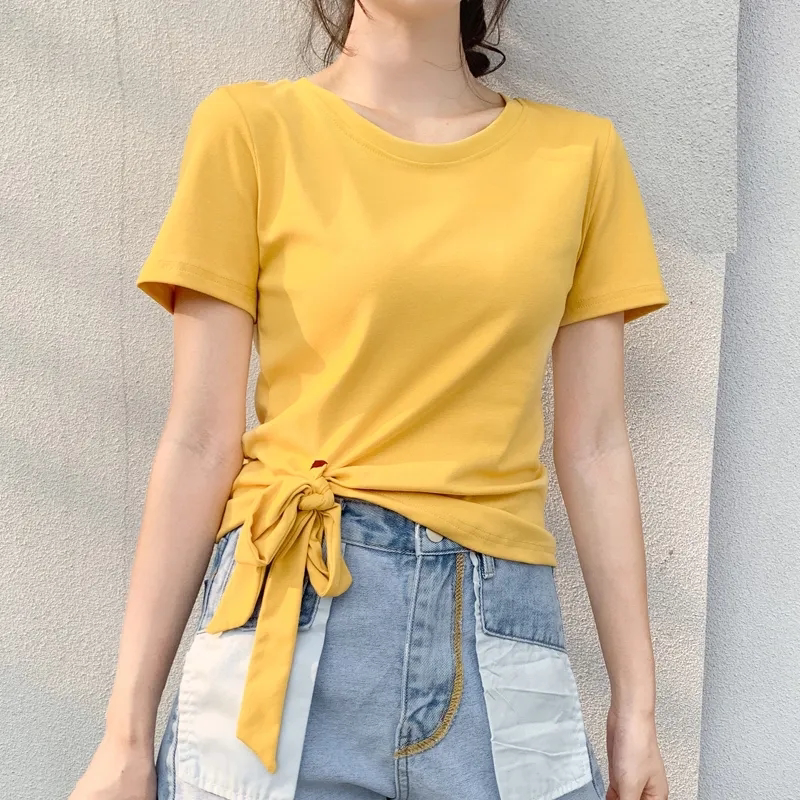 Bow-Tie Short-Sleeve T-Shirt for Women, 2026 Summer New Style, Irregular Slim Fit, Versatile, Unique, Fashionable Tie-Up Top, Trendy