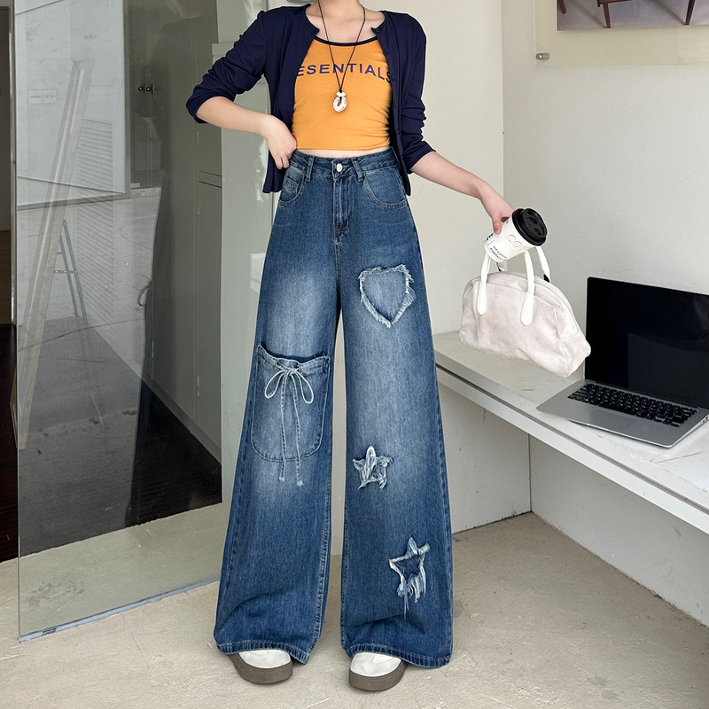 Five-Pointed Star High-Waisted Wide-Leg Jeans for Women, Spring and Autumn Design, Heart-Shaped Retro Loose Large-Size Wide-Leg Pants Five-Pointed Star High-Waisted Wide-Leg Jeans for Women, Spring and Autumn Design, Heart-Shaped Retro Loose Large-Size Wide-Leg Pants