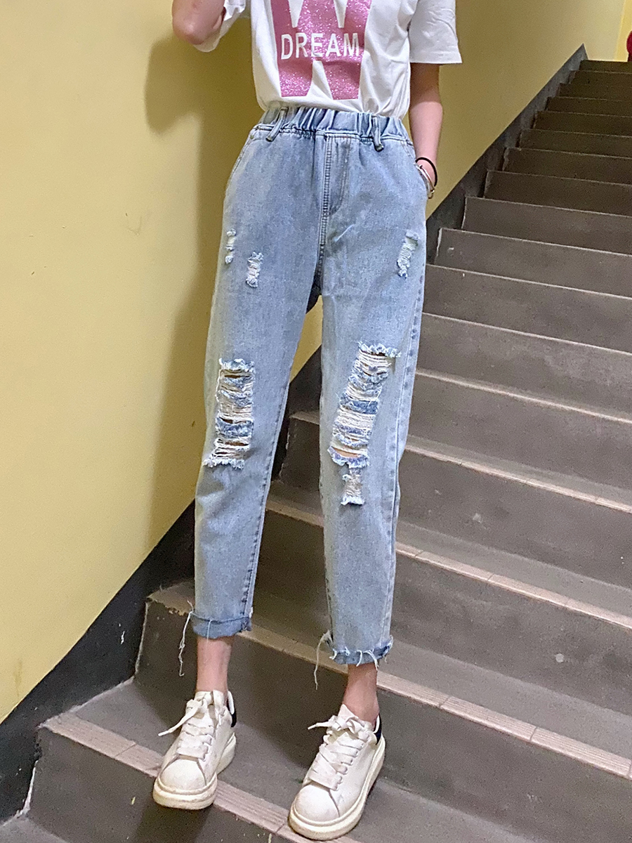 Loose quần jeans eo phụ nữ 2020 mùa hè eo cao củ cải lỏng cũ cha quần Hàn Quốc phiên bản của ins triều chín điểm quần Harlan