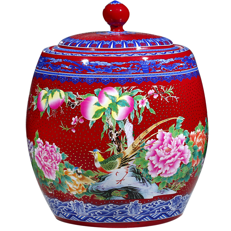 Jingdezhen ceramic barrel ricer box 25 kg 35 jins tank cylinder tea cake storage cylinder wine with cover household altar