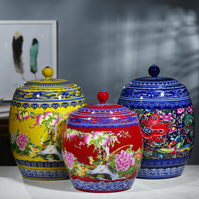 Jingdezhen ceramic barrel ricer box 25 kg 35 jins tank cylinder tea cake storage cylinder wine with cover household altar