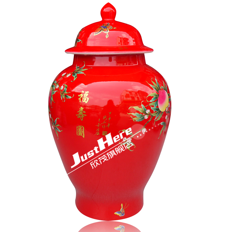 General festive Chinese red porcelain vase bottle ricer box with a cover General cylinder barrel surface peach as cans