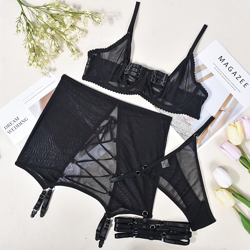 Sexy underwear, set, leg strap, high waist, 4 piece set
