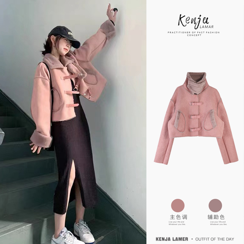 New Autumn and Winter Pink Thickened Lamb Wool Plush Jacket, Petite High-End Fur Integrated Motorcycle Jacket for Women