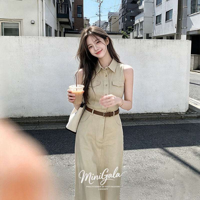 French-Style Lapel Shirt Sleeveless Dress for Women, Summer Design, Sleeveless, Waist-Cinching, Slim-Fit, Versatile Long Dress