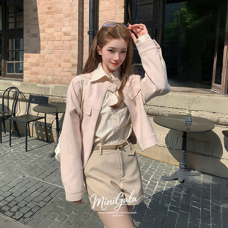 Unique and Stylish Girl's Pink Sweet-Style Leather Jacket, Casual and Versatile, Slimming Short Leather Jacket