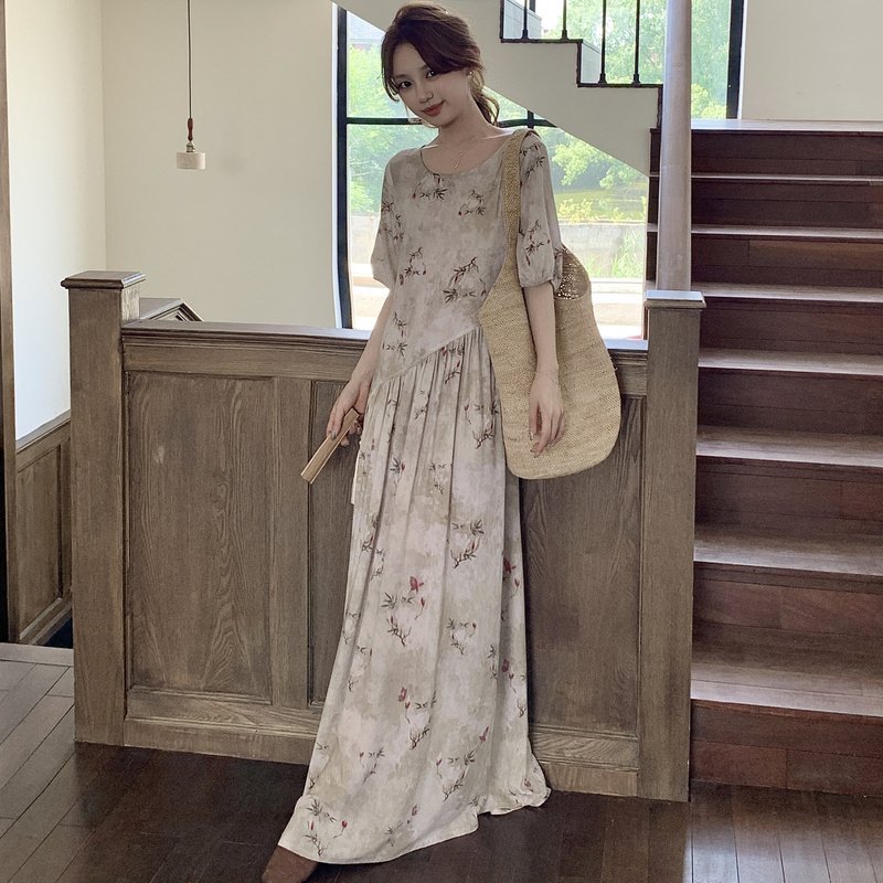 Extra-Long Ankle-Length Summer Cotton Silk Nightgown with Belt, Thin and Loose Vacation Dress That Can Be Worn Outside
