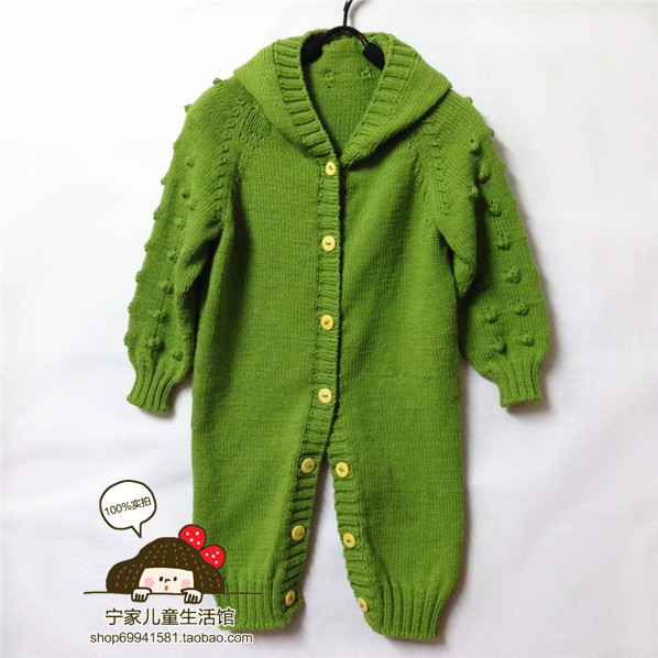 Purely Hand-Knitted Open-Front Cotton Romper, Baby Cotton Sweater, Frog-Style Romper Crawling Suit