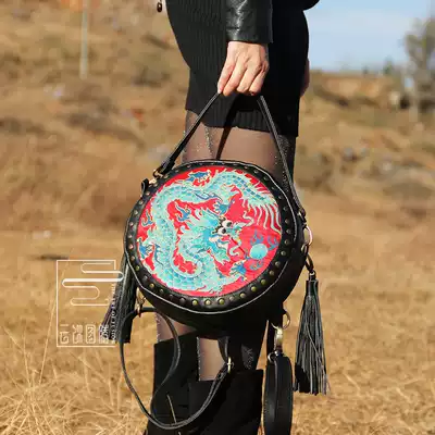 Yunzao totem original backpack National style hand embroidered dragon leather rivet tassel portable crossbody small round bag