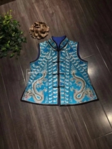  Cloud decoration totem original design Ethnic style womens clothing horse clip silk old embroidered dragon stand-up collar folio silver moire top