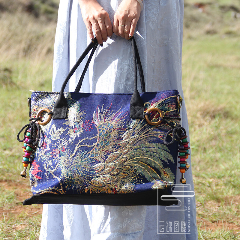 Cloud decoration totem original design women's bag ethnic style lace mesh gold silk Peacock embroidery bag shoulder crossbody bag