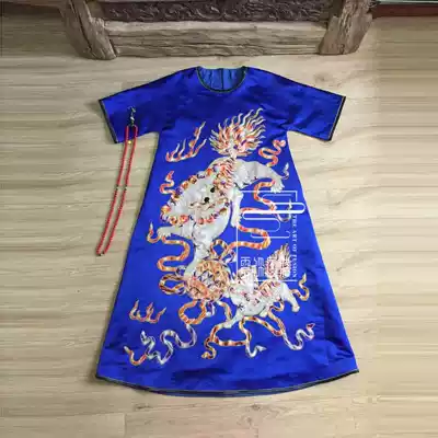 Cloud decoration totem original women's robe Old embroidery handmade lion rolling hydrangea loose version round neck casual dress