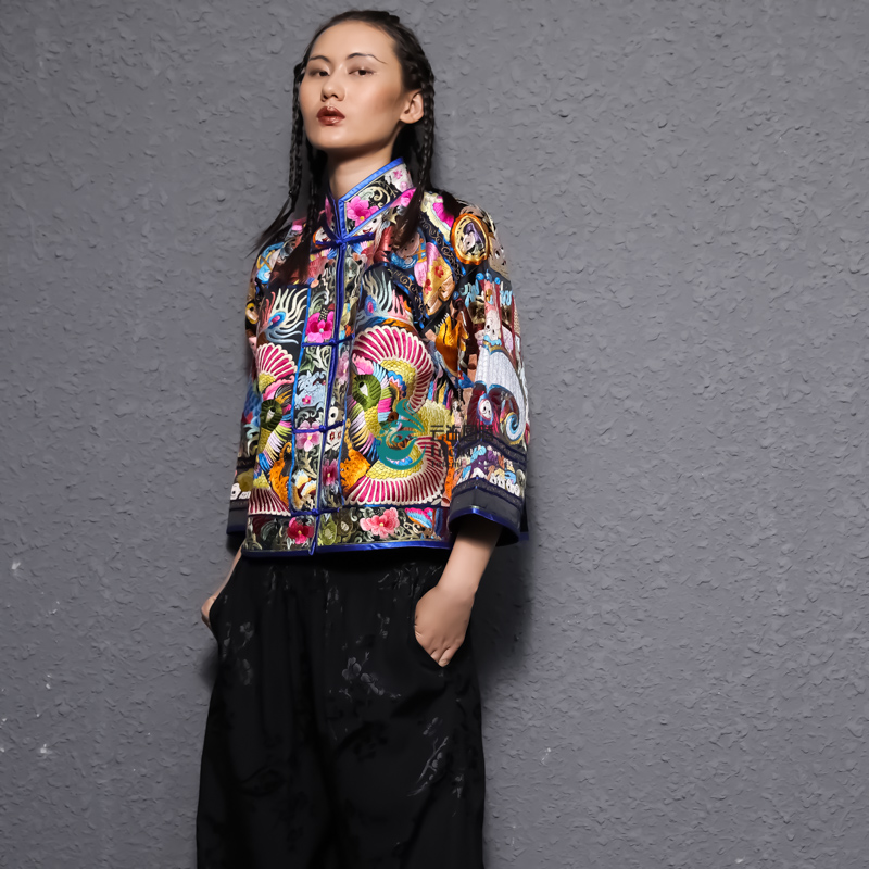 Cloud decoration totem original design women's coat National Style New embroidery hand embroidered stand collar long sleeve personality coat