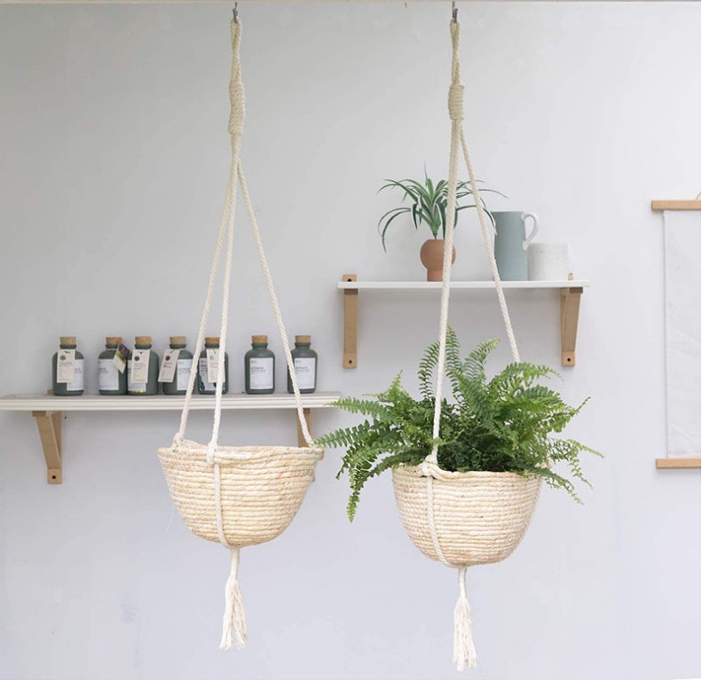 Nordic ins wall cotton rope rattan grass hanging basket green plant hanging orchid hanging basket round hanging rope flower pot decoration