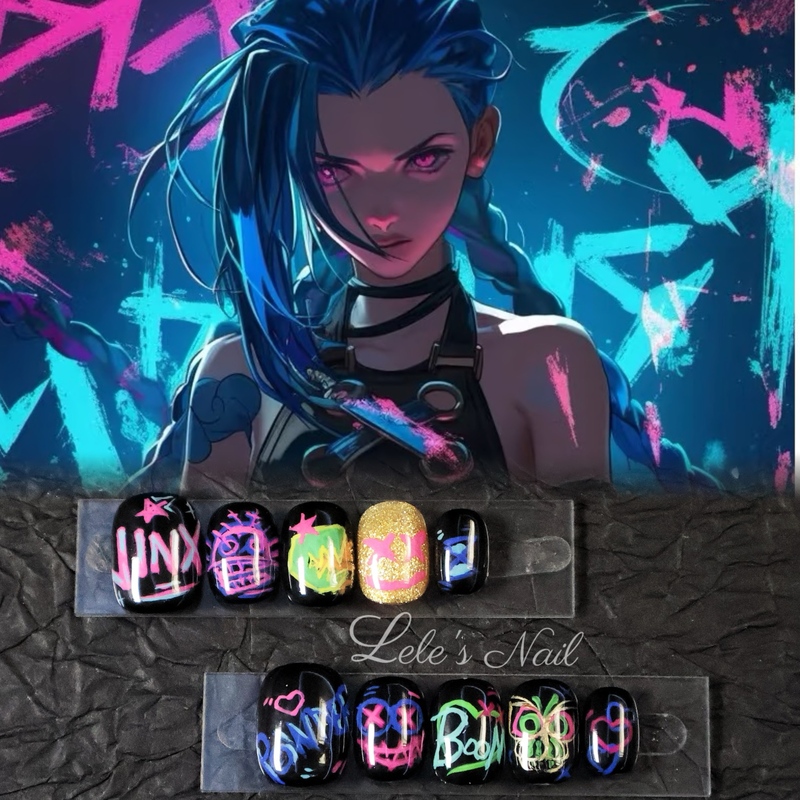 Double City Battle Jinx Super Bright Fluorescent Color Graffiti Nail Art Hand-Painted Wearable Nails