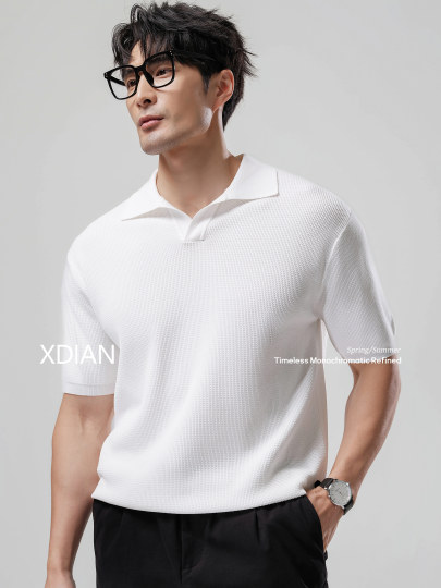 Click Here for the Men's Light Luxury Honeycomb Waffle Knit Short-Sleeve Top with a Seagull Collar for Summer