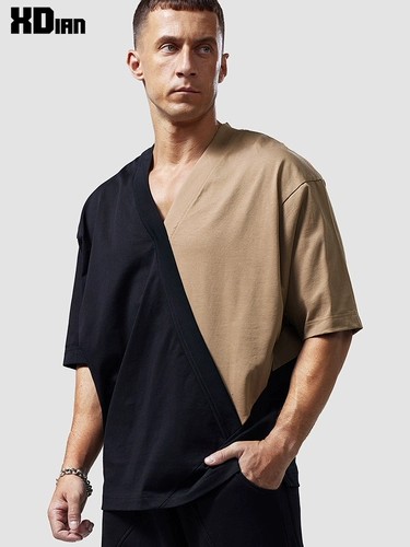 Хлопковая летняя футболка с коротким рукавом, китайский стиль, V-образный вырез