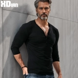 Футболка, демисезонный тонкий хлопковый лонгслив, V-образный вырез, в обтяжку, облегающий крой