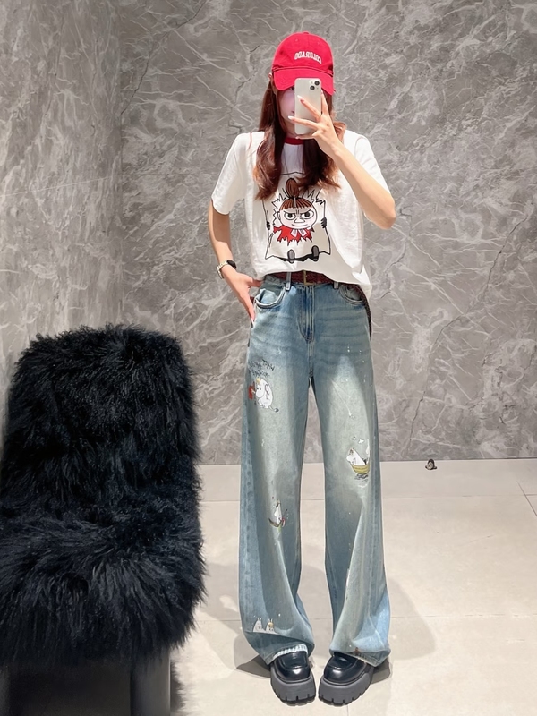 In Stock 2026 Summer New Fashion High-Waisted Versatile Cartoon Graffiti Straight Wide-Leg Jeans Mbf2Jen011