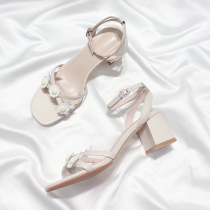 Moriyu Sea Alley 2022 Summer new line with genuine leather flowers Two wearing straps fairy coarse heel high heel sandal
