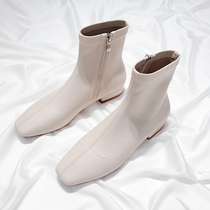 Moriyu Sea Lane 2021 Autumn Winter New Genuine Leather Elastic Boots Han Version Flat Bottom Slim Boots 100 Lap Short Boots Woman