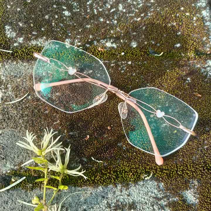 Rose gold female large square rimless glasses with myopia astigmatism custom anti-blue light glasses aspheric 350 degrees