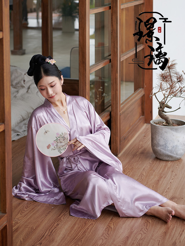 Glazed Original Design of Chinese Wind Mission Flower Tang Imitation Silk Bathrobe home Sleeping Robe Hanfu Hanfu Sleepwear Women's Morning Robes