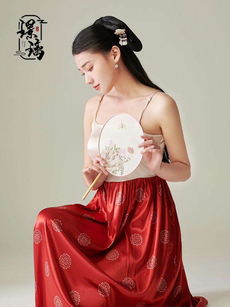 Glazed Original National Wind Group Flowers Ancient Wind Han Elements Hanfu Chinese Style Sleeping Skirt Harness Satin Emulation Silk Spring Summer Relaxation