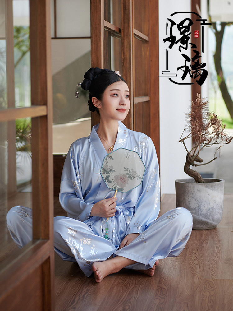Glazed Original China Wind Bronzing Golden Autumn Winter Sleeping Clothes Ancient Wind Emulation Silk Chinese Style Home Suit Hanfu Pyjamas