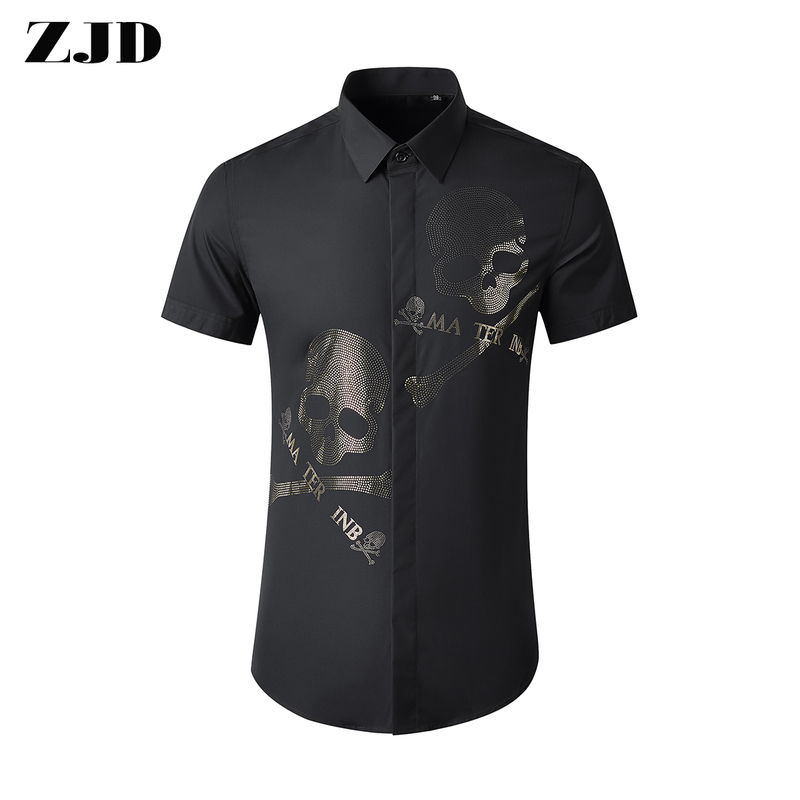 2022 Summer New Double Skull Rhinestone Short Sleeve Shirt Men's Slim Fit Casual Personality Textured Men's Shirt