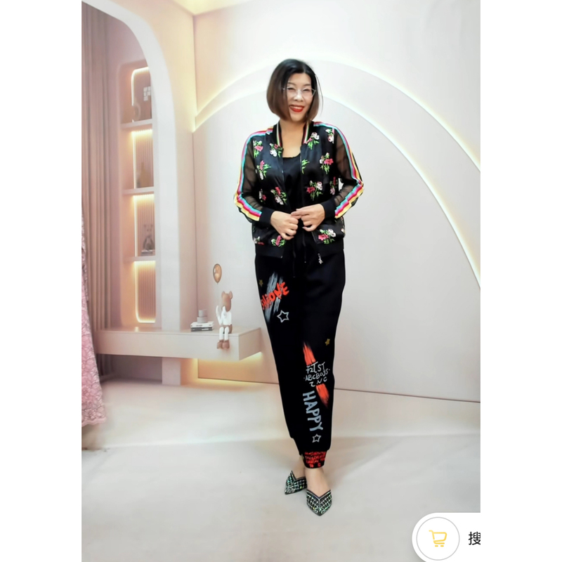 Women's Autumn Fashion Ribbon Mesh Long-Sleeve Patchwork Printed Satin Zipper Jacket Baoli 6375