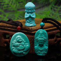 Turquoise pendant necklace carved piece Dzi neck ornament ball chain natural raw mineral laughing Buddha Guanyin peace buckle pendant