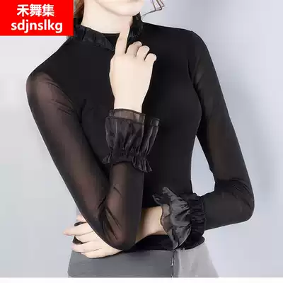 New Latin dance jacket long sleeve practice clothes autumn and winter National Standard modern dance clothes female adult lotus leaf collar black and white