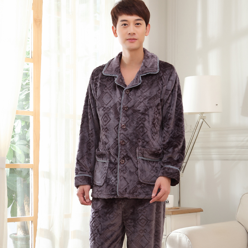 Bộ đồ ngủ flannel nam cộng với phân bón XL thanh niên dày lên san hô mùa đông cực lớn 255 cân anh béo quần áo ngủ cho nam giới