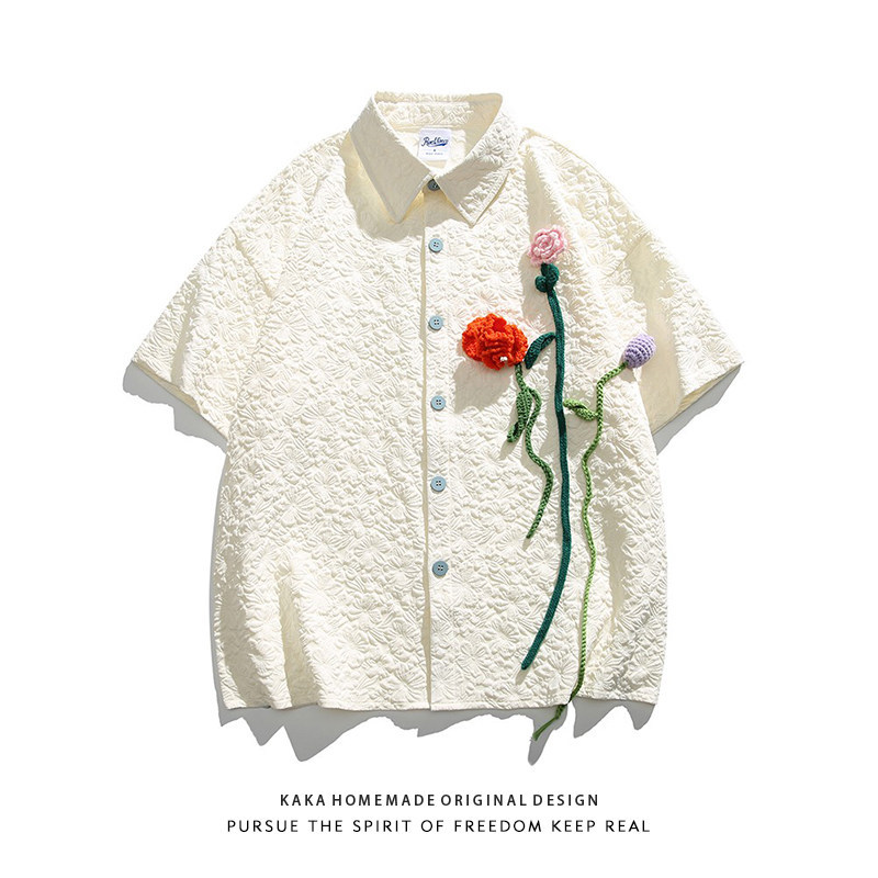 Retro Loose-Fitting Japanese-Style Printed Cuban Collar Hawaiian Beach Short-Sleeved Shirt for Men with Floral Embroidery Couple Shirt Trendy Retro Loose-Fitting Japanese-Style Printed Cuban Collar Hawaiian Beach Short-Sleeved Shirt for Men with Floral Embroidery Couple Shirt Trendy