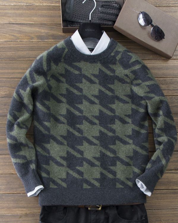 Mùa đông mới 100% áo len cashmere nguyên chất nam cổ tròn dày houndstooth len đan đáy áo len - Áo len Cashmere áo phao nam hàng hiệu