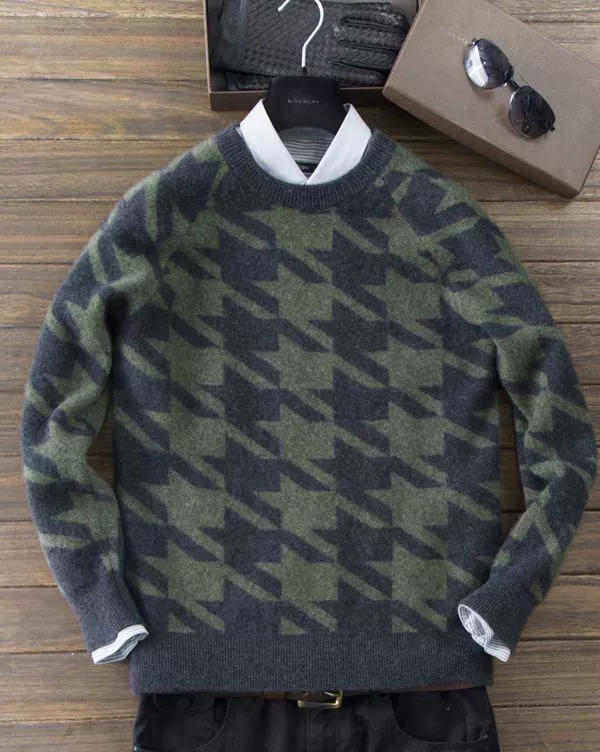 Mùa đông mới 100% áo len cashmere nguyên chất nam cổ tròn dày houndstooth len đan đáy áo len - Áo len Cashmere