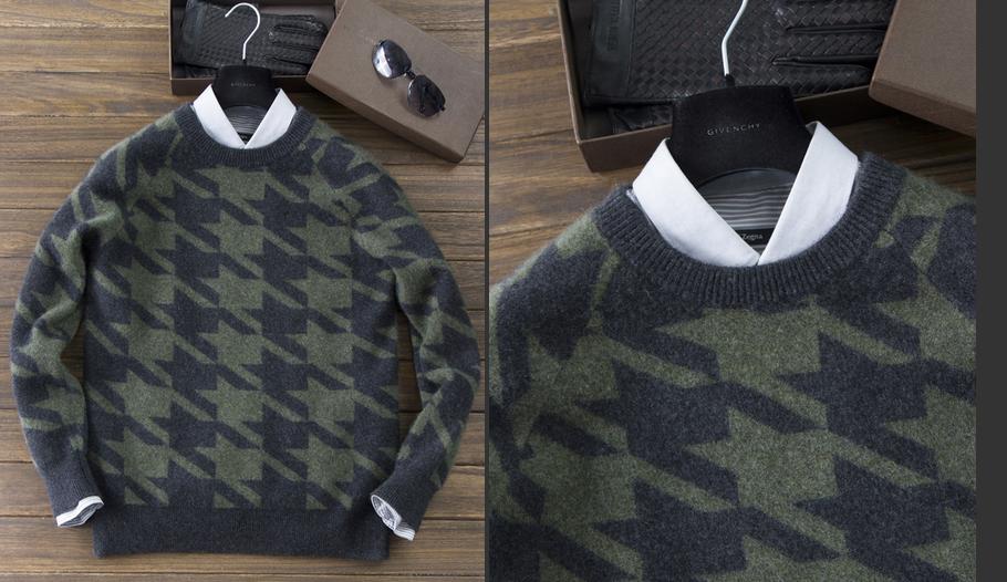 Mùa đông mới 100% áo len cashmere nguyên chất nam cổ tròn dày houndstooth len đan đáy áo len - Áo len Cashmere áo phao nam hàng hiệu