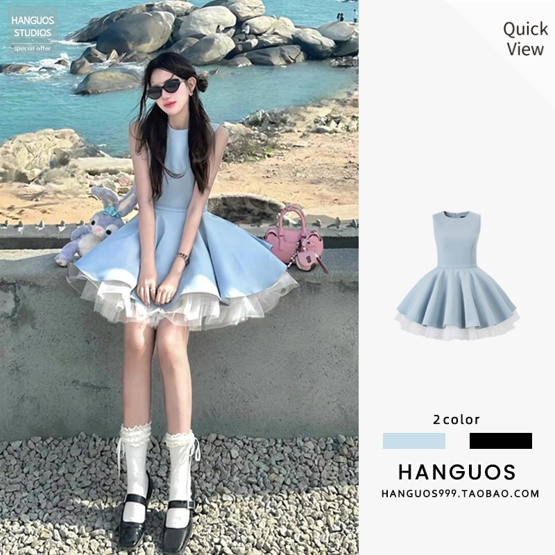 Unique and Beautiful Waist-Cinching Sleeveless Vest Dress, Perfect for Petite People on a Beach Vacation, a Gorgeous Puffy Princess Short Dress