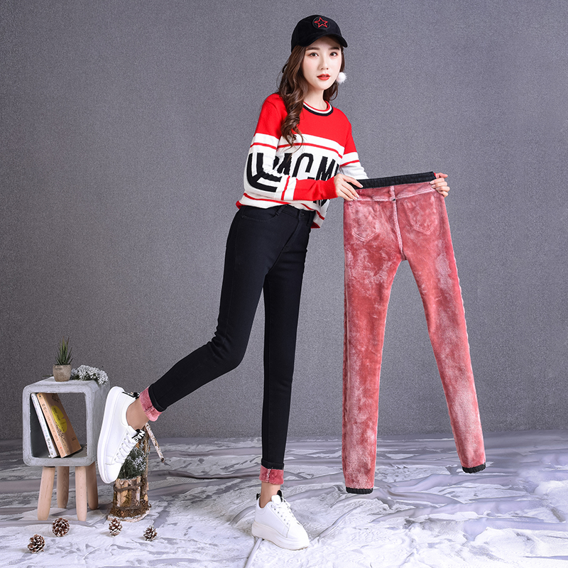 Quần jean nhung dày mùa đông nữ phiên bản mới của Hàn Quốc đã mỏng với quần nhung cao bên ngoài mặc quần chân học sinh quần bò nữ