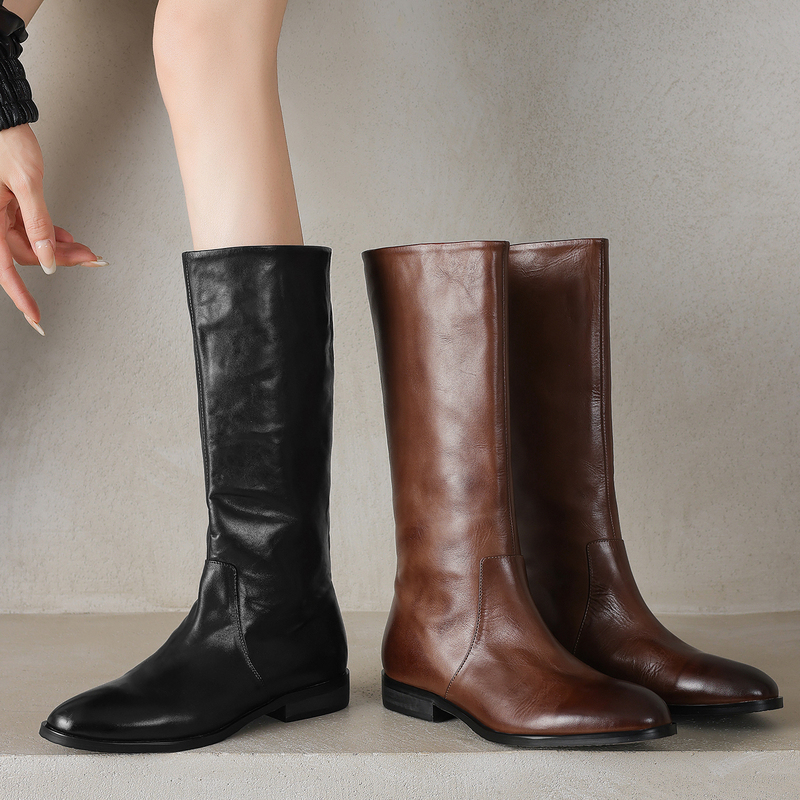 Brown Flat-Soled Full Leather Straight-Leg Boots, High Boots, Autumn and Winter Long Boots, Low-Heeled Long Boots, French-Style Flat-Soled Riding Boots