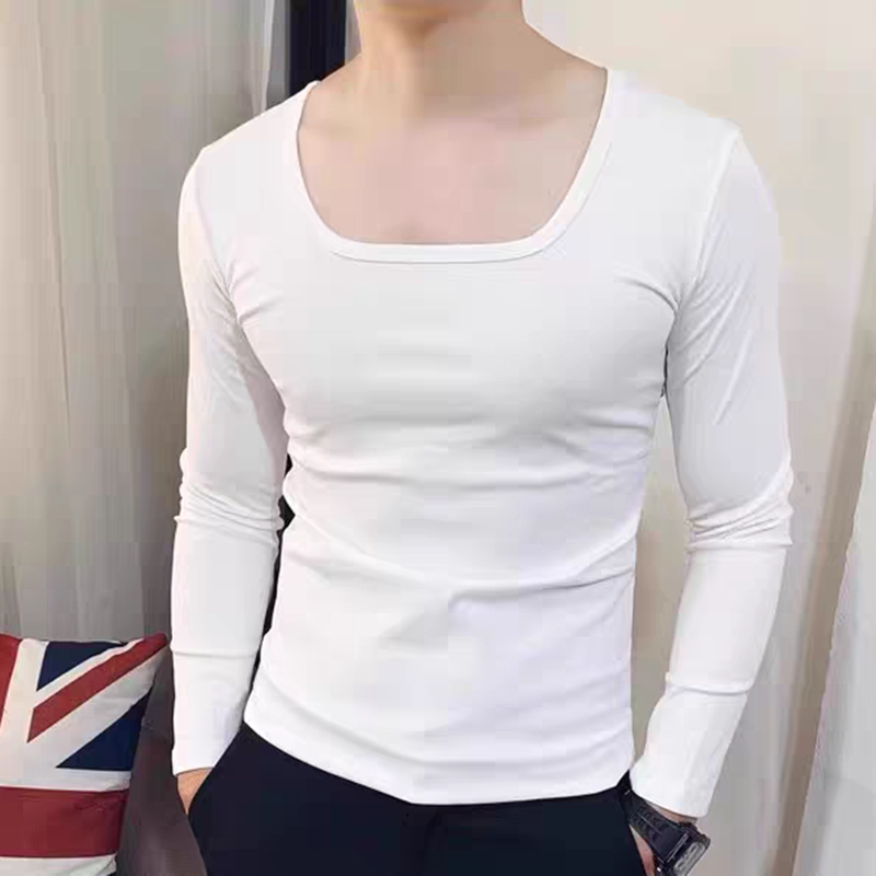 Men's Solid Color Crew Neck Long Sleeve T-Shirt, Korean Style Slim Fit Square Low Neck, Social Guy Pure Cotton Undershirt Top Men's Solid Color Crew Neck Long Sleeve T-Shirt, Korean Style Slim Fit Square Low Neck, Social Guy Pure Cotton Undershirt Top