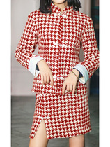 One two custom Hepburn small fragrant wind suit two-piece set of thousand bird box hip skirt coat women autumn and winter red