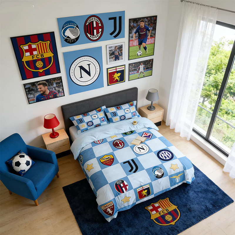 Pure Cotton Four-Piece Set for Children and Students, Suitable for Boys' Dormitories, Featuring Designs of Italian League Teams Like Lakers, Roma, and Empoli, Includes a Single Duvet Cover and Fitted Sheet