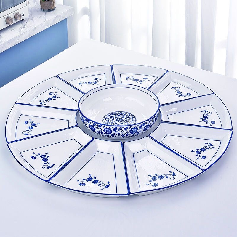 Tiktok-Style Blue and White Porcelain Platter Set, Creative Round Household Cooking Plate, Underglaze Color Handmade Plate