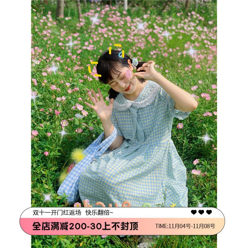 Omelet dining room _ plaid dress female summer small gentle and cute slim mid-length student dress