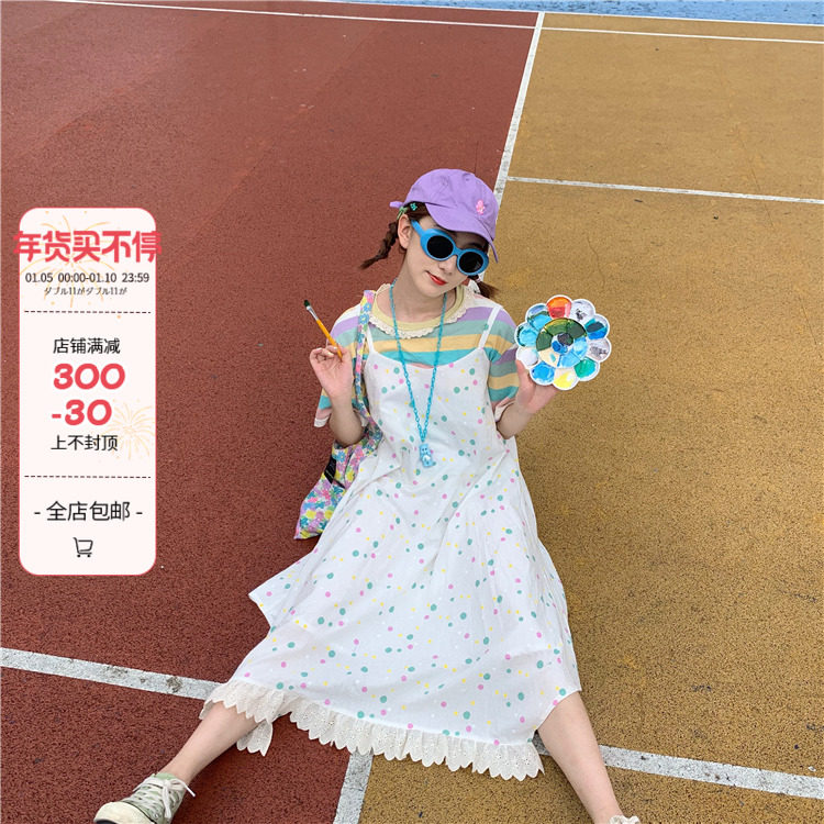 Omelet rice restaurant_polka dot girl dress summer Japanese cute and thin small suspenders sleeveless skirt